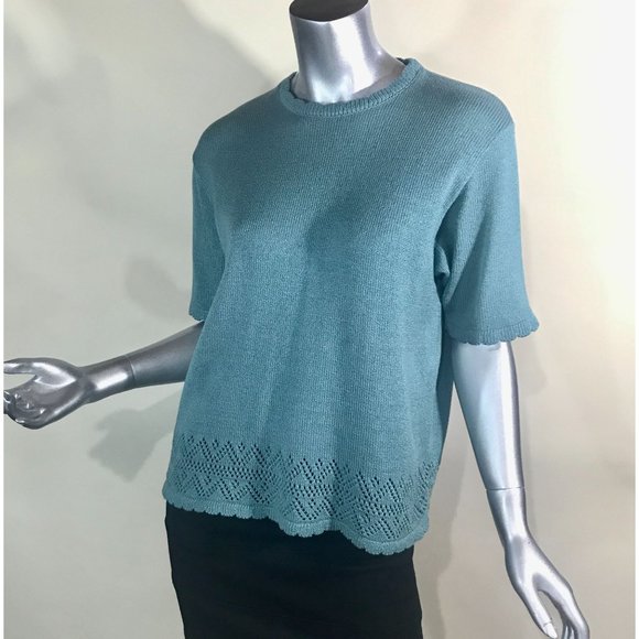 Alfred Dunner Women's Medium Teal Blue Knit Short Sleeve Sweater Crew Neck Scall - Picture 3 of 12